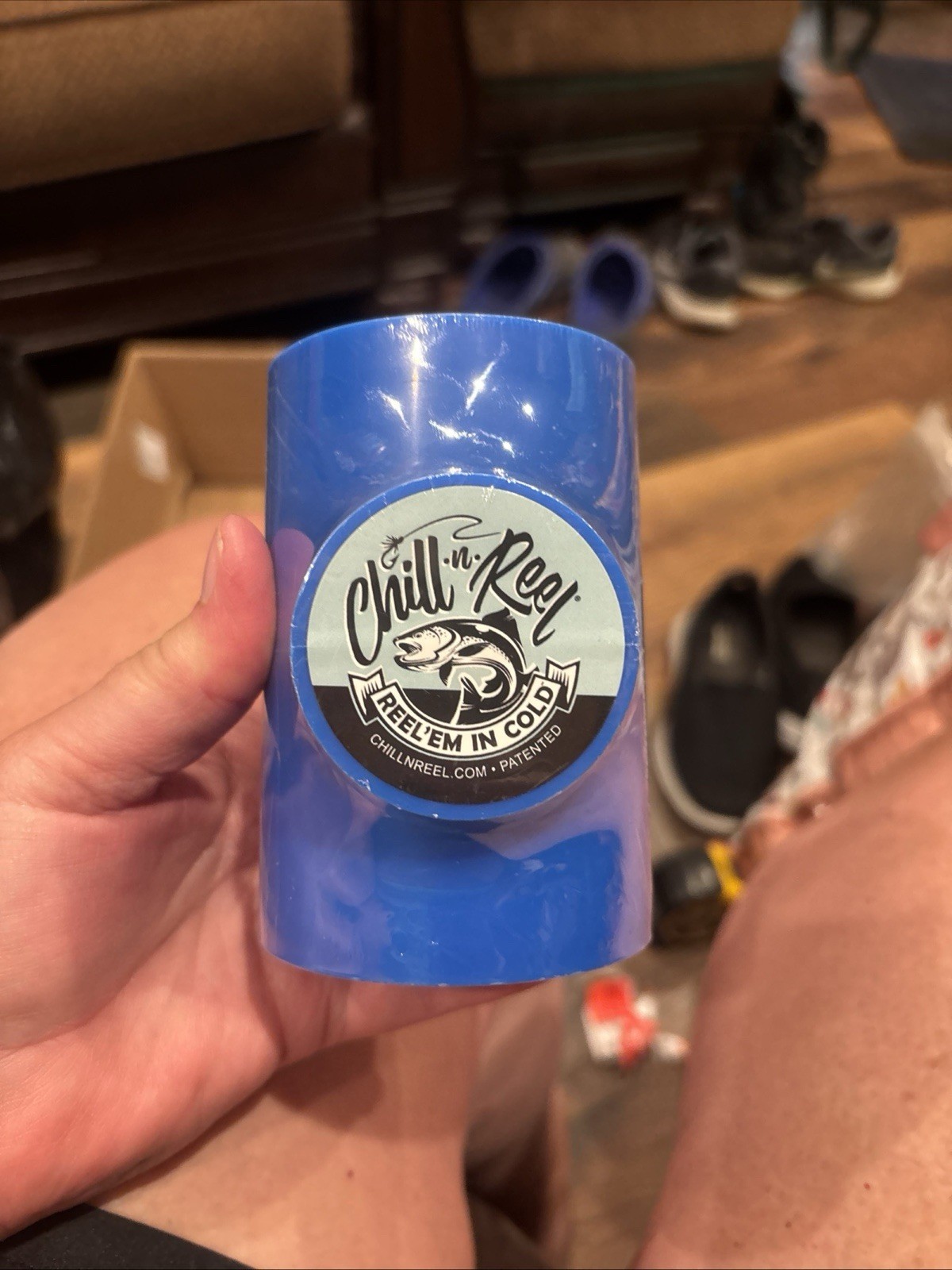 Chill-N-Reel Fishing Can Cooler Shark Tank Hard Shell Drink Holder Blue New