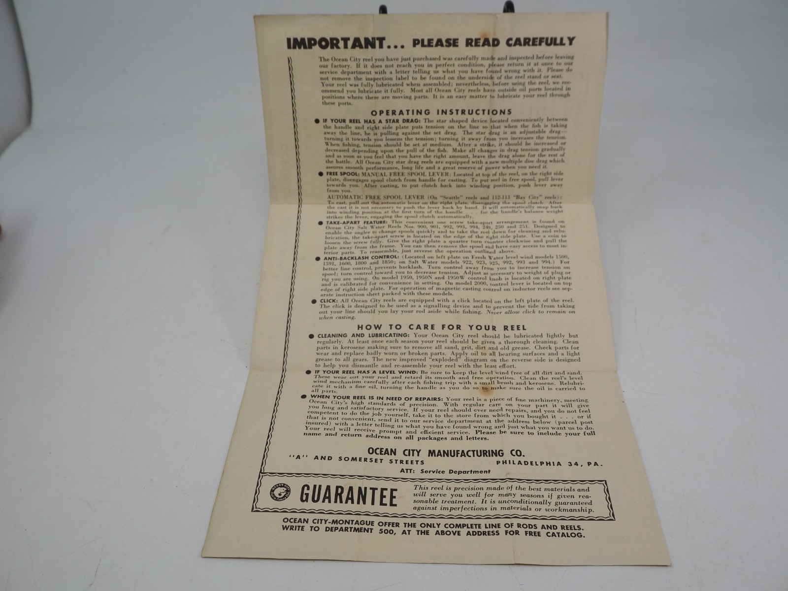 Vintage Ocean City 1950 1950N 1950W Model B Reel Parts Instructions