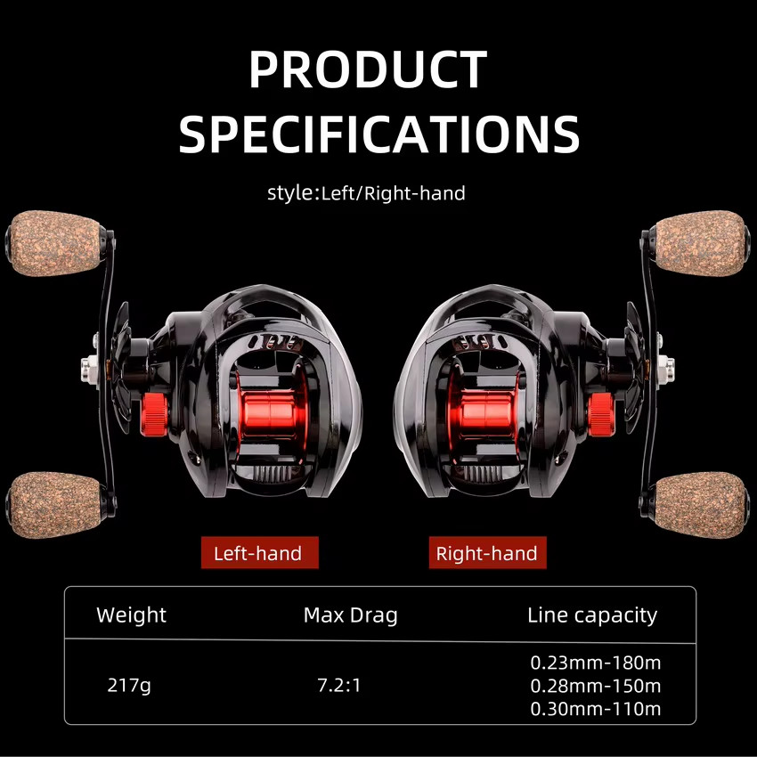 Fishing Baitcasting Reel All Metal Spool 18+1BB 10Kg/22Lb Max Drag Speed Ratio 7