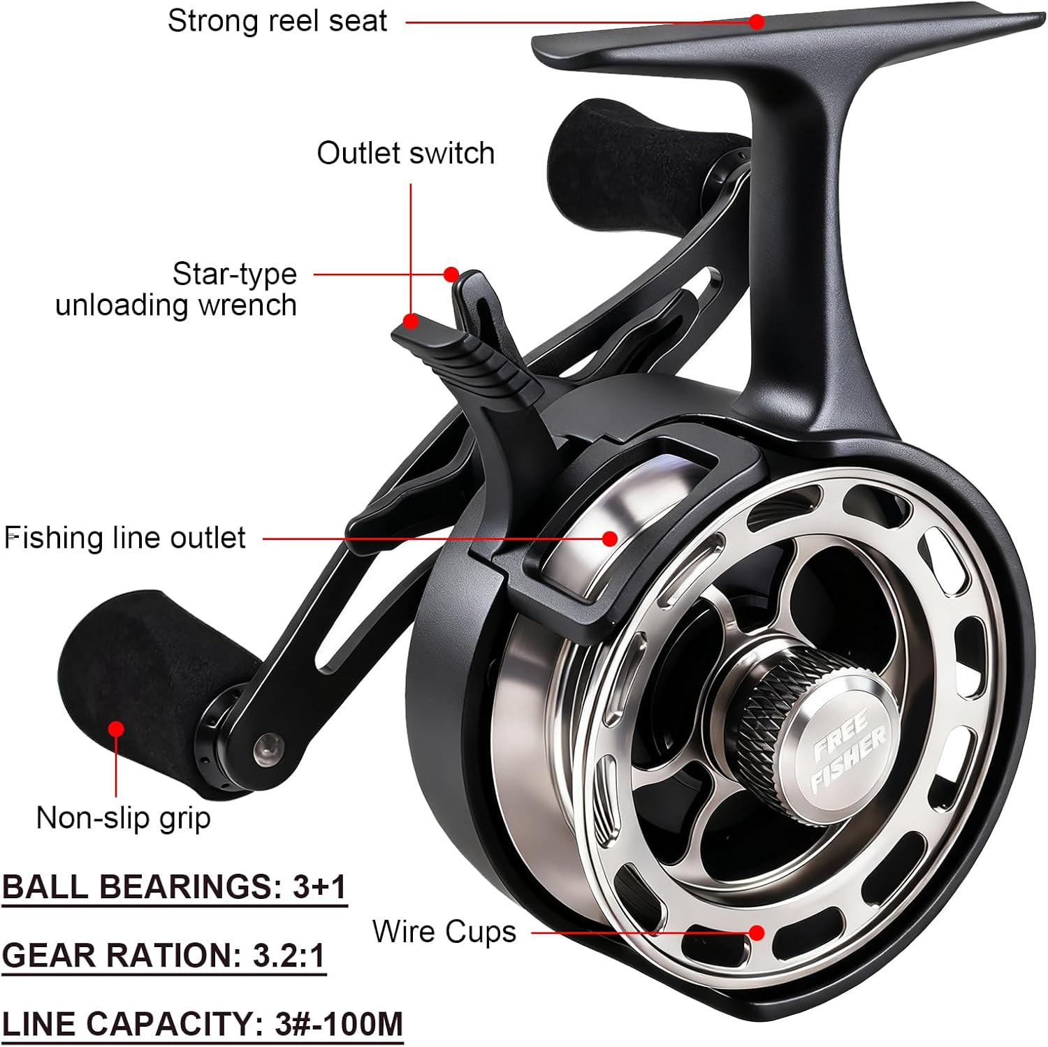 Ice Fishing Reels 3.2:1 Gear Ratio Ultra Smooth 3+1Ball Bearings Strength Cnc-Ma