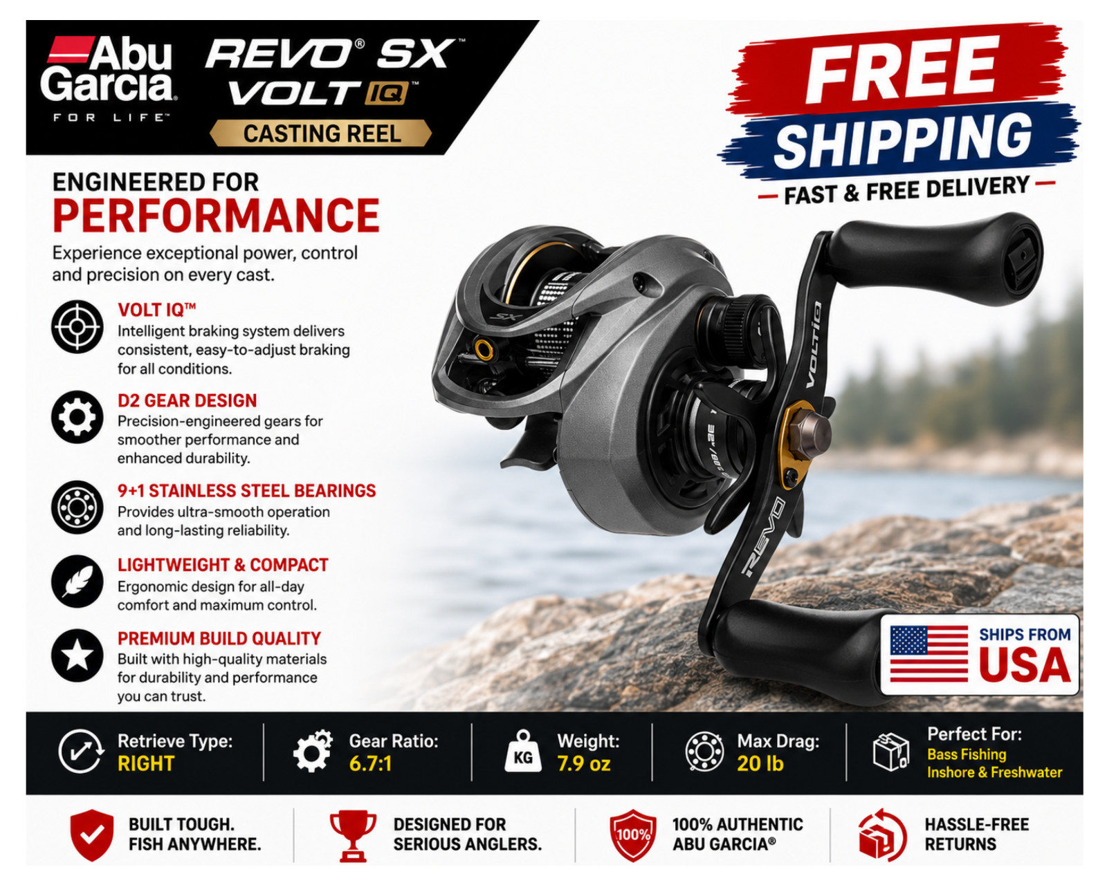 Abu Garcia Revo SX VoltIQ Casting Reels,Type:Right – Gear Ratios: 6.7:1