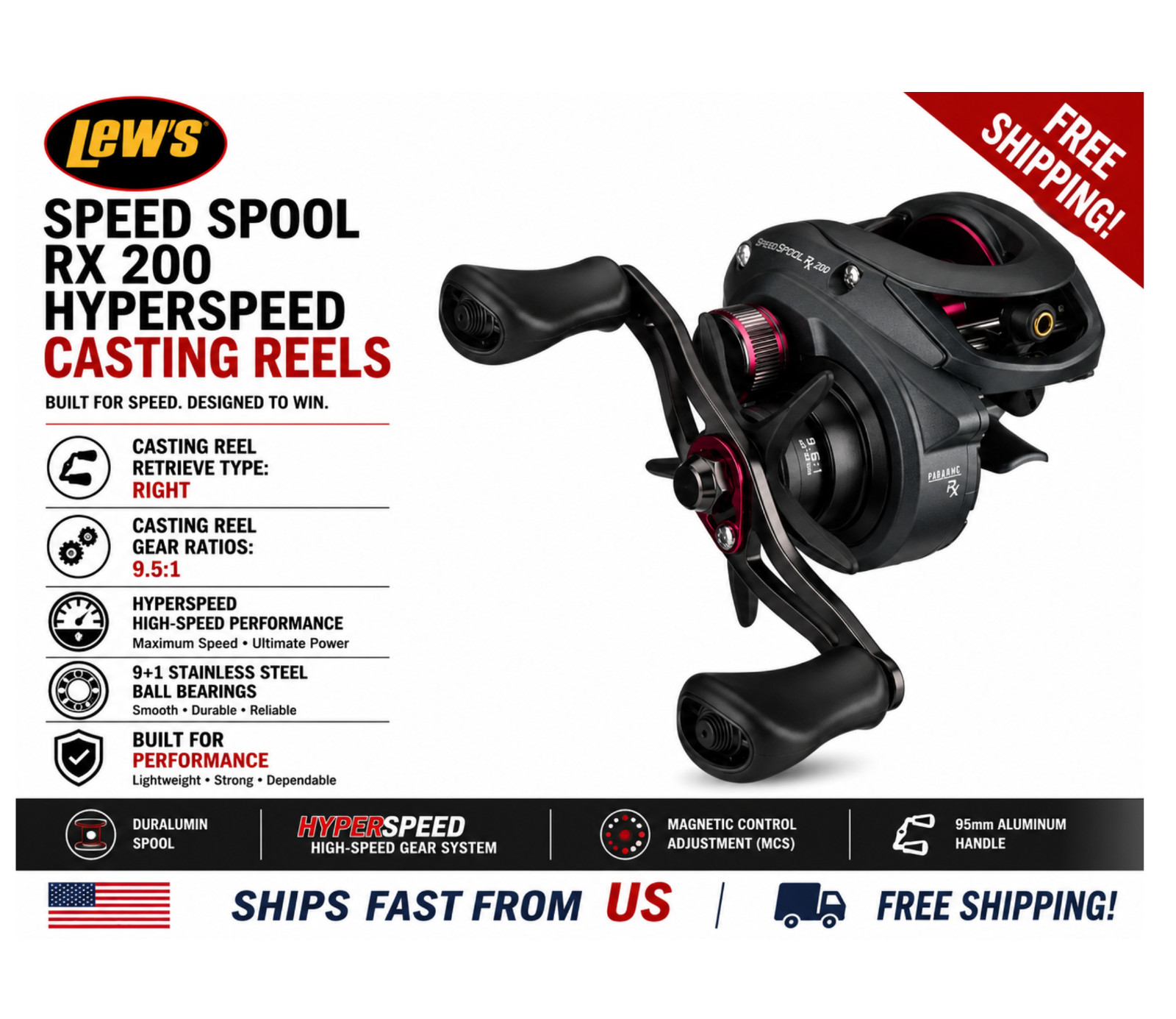 Lew’s Speed Spool RX 200 HyperSpeed Casting Reels, Type:Right – Ratios: 9.5:1