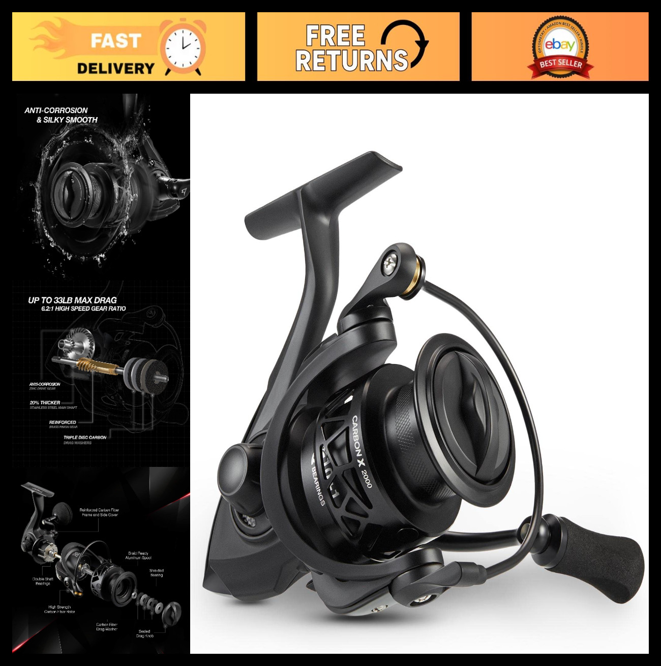 Ultralight Spinning Reel, Carbon Frame, 33lb Drag, 10+1 Bearings, Smooth Retriev
