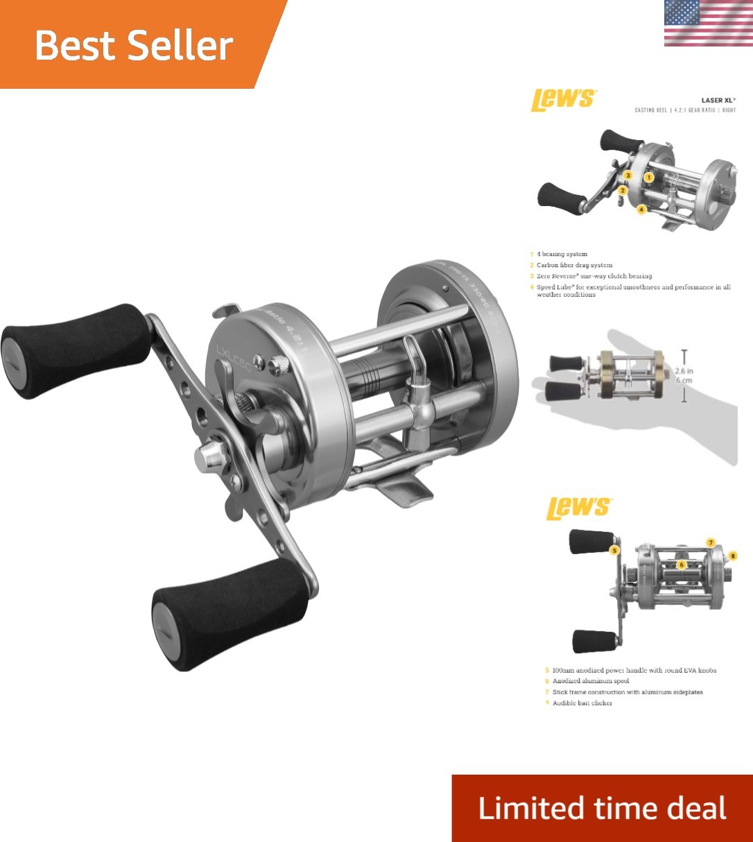 Right-Hand Retrieve Baitcasting Reel – 4 Bearings, 15lbs Max Drag, Anti-Reverse