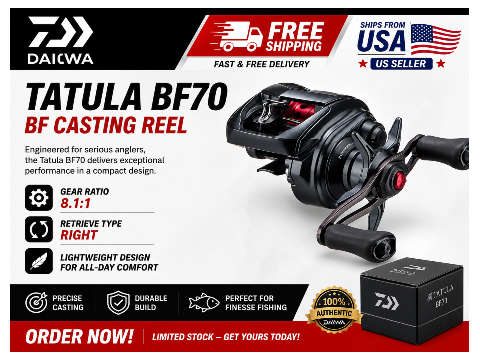 Daiwa Tatula BF70 BF Casting Reel, Type:Right – Gear Ratios: 8.1:1