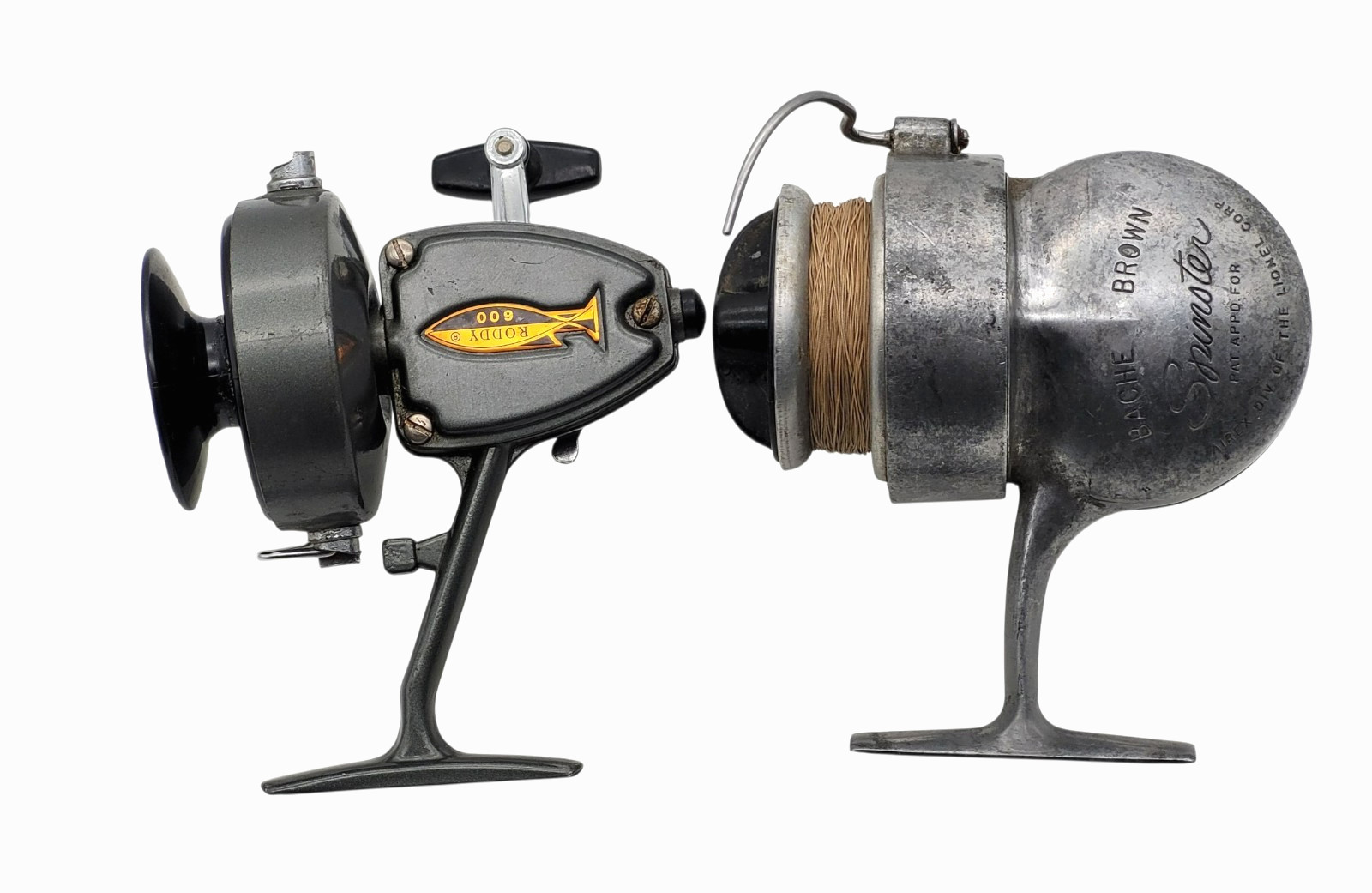 Two Vintage Spinning Reels Roddy 600 & Bache Brown Spinster Fishing Reels. AS IS