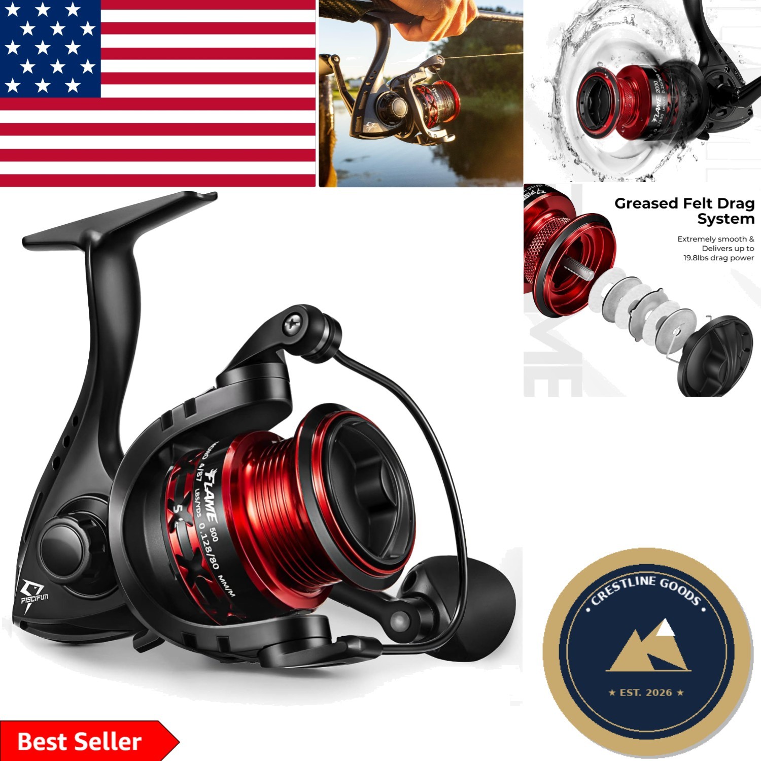 Flame Lightweight Spinning Reel 9+1BB – 19.8LB Max Drag, Stylish Red Design
