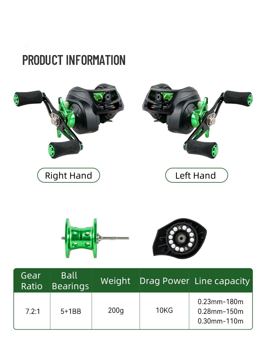 Fishing Reel 7.2:1 Gear Ratio Max Drag 10kg Baitcasting Reel with Aluminum Spool