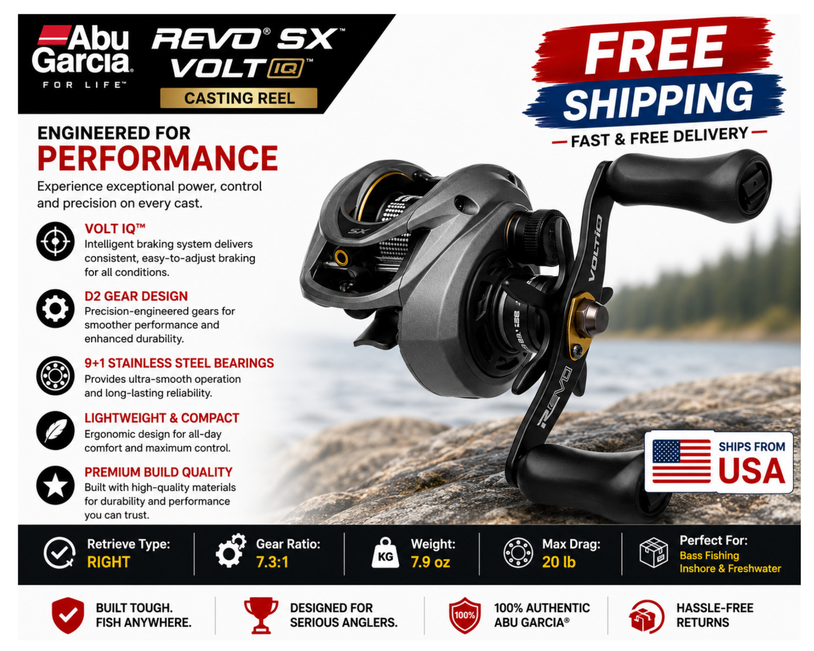 Abu Garcia Revo SX VoltIQ Casting Reels,Type:Right – Gear Ratios: 7.3:1