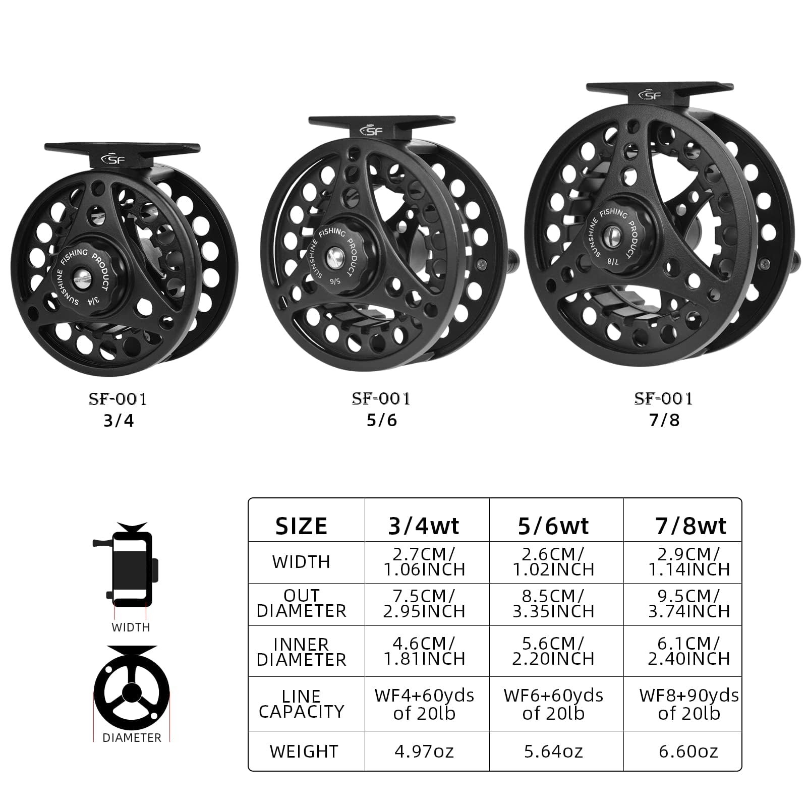 SF Large Arbor Fly Fishing Reel 3/4wt Aluminum Alloy Body DieCast Matt Black…