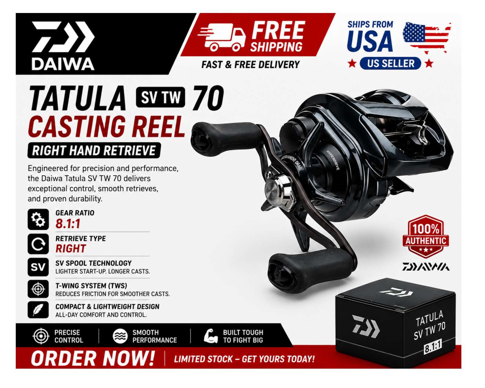 Daiwa Tatula SV TW 70 Casting Reel, Type:Right – Ratios: 8.1:1