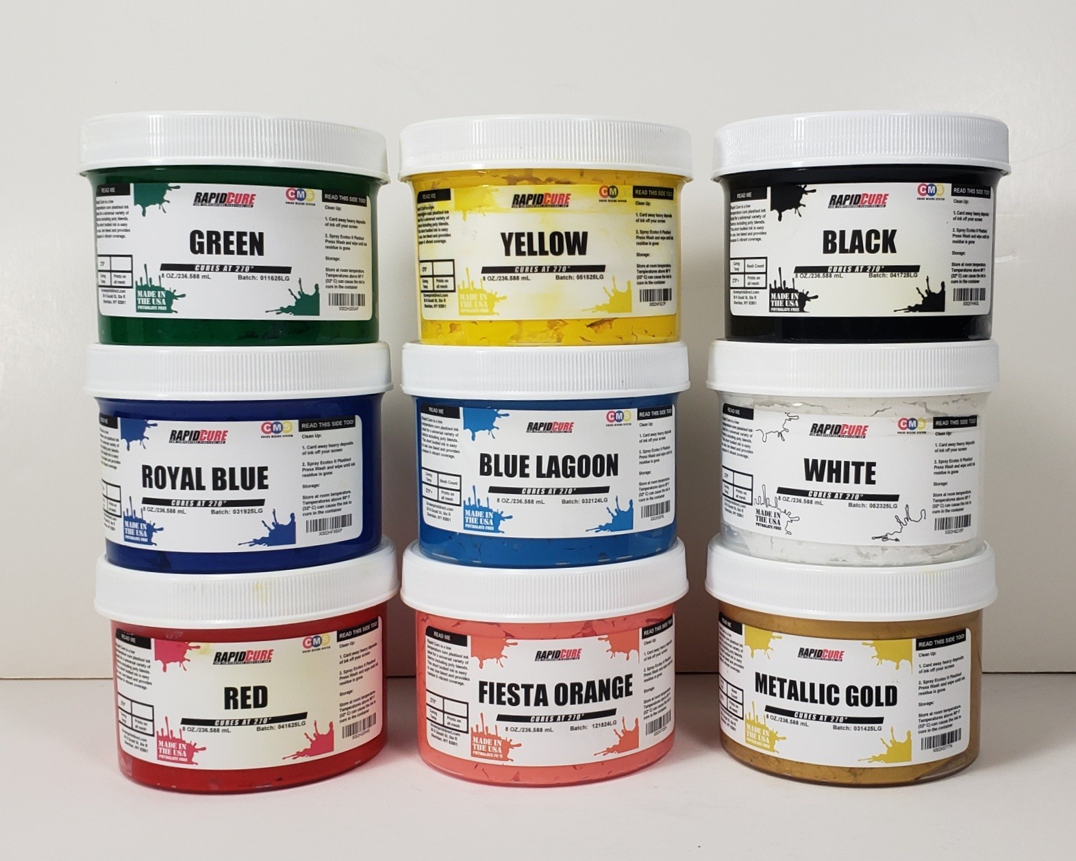 Low Temp Plastisol Ink Screen Printing 8 oz x 9 Primary Colors + Gold Orange