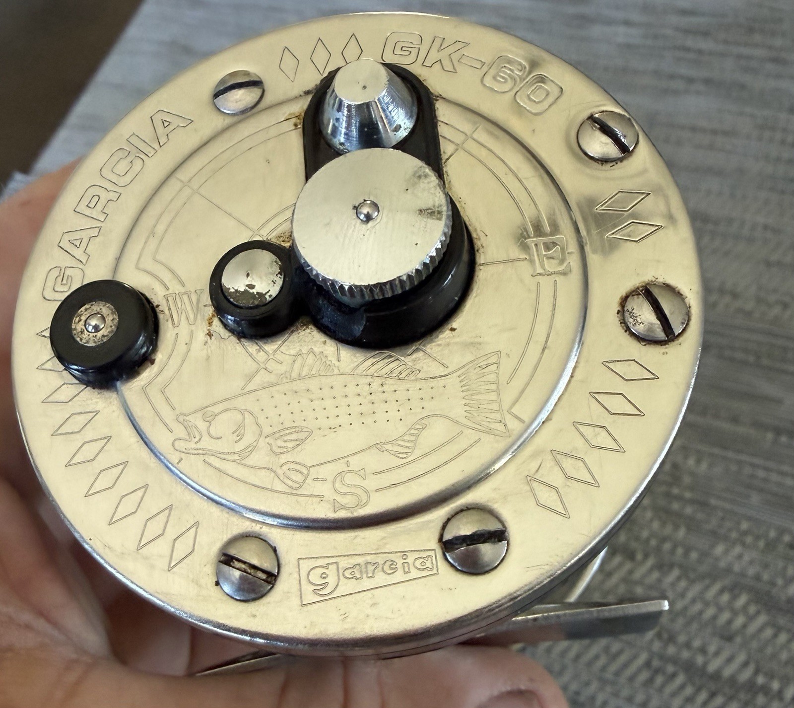 Vintage Garcia GK-60 Fishing Reel Made In Japan Engraved Fish Baitcaster