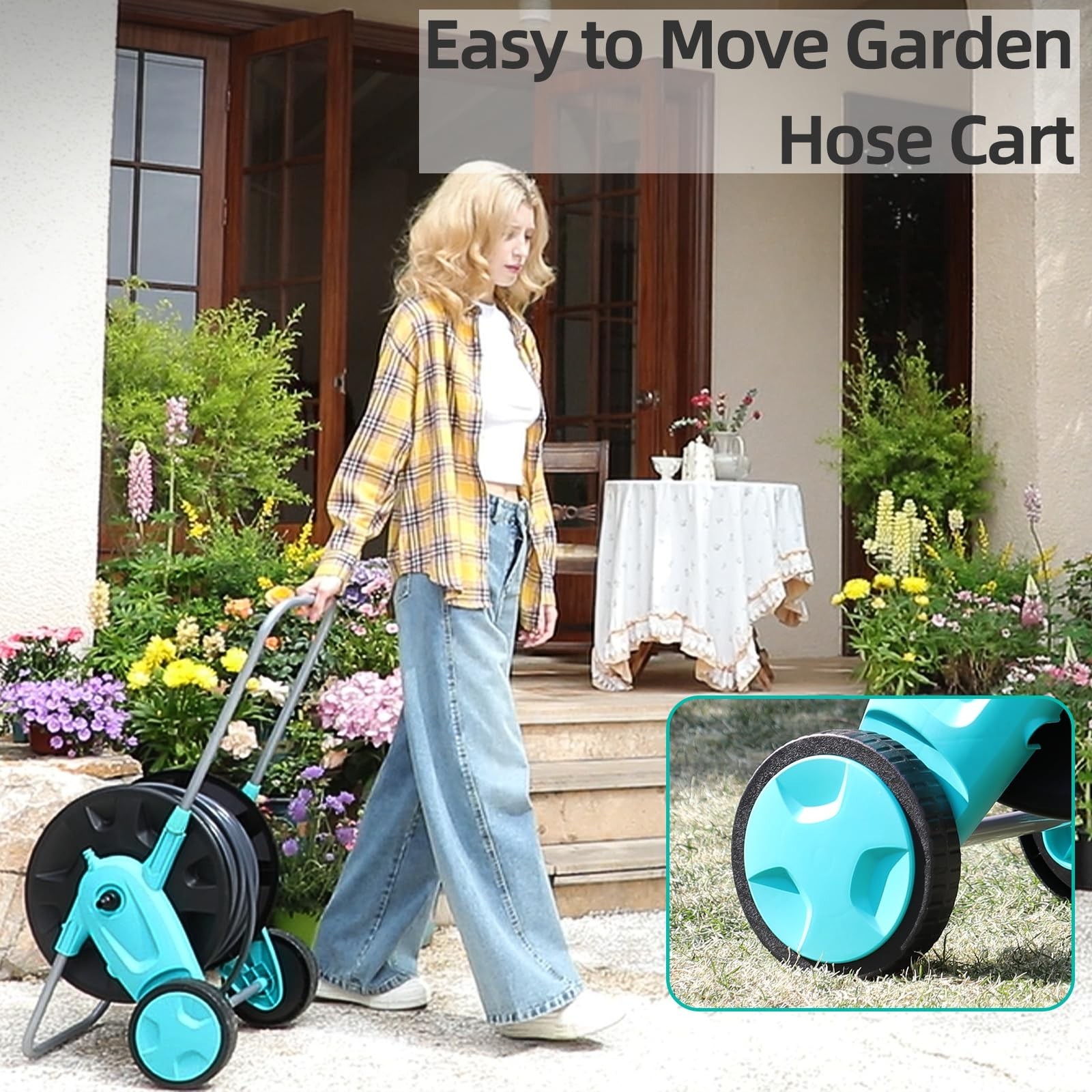 Hozcart Portable Garden Hose Reel Cart 75-100 Ft 5/8 Inch 2 Wheels