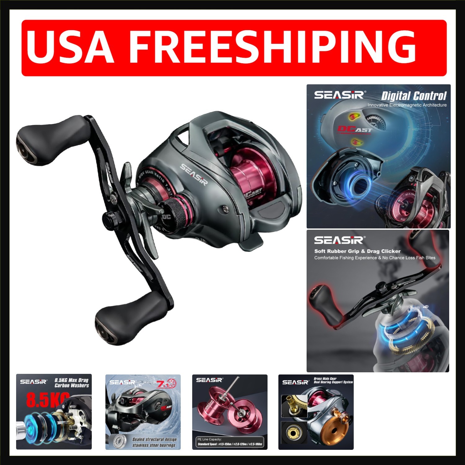 SEASIR DCast Baitcaster Reel, 7.31, 7+1 BB, 18.5lb Drag, Grey/Red