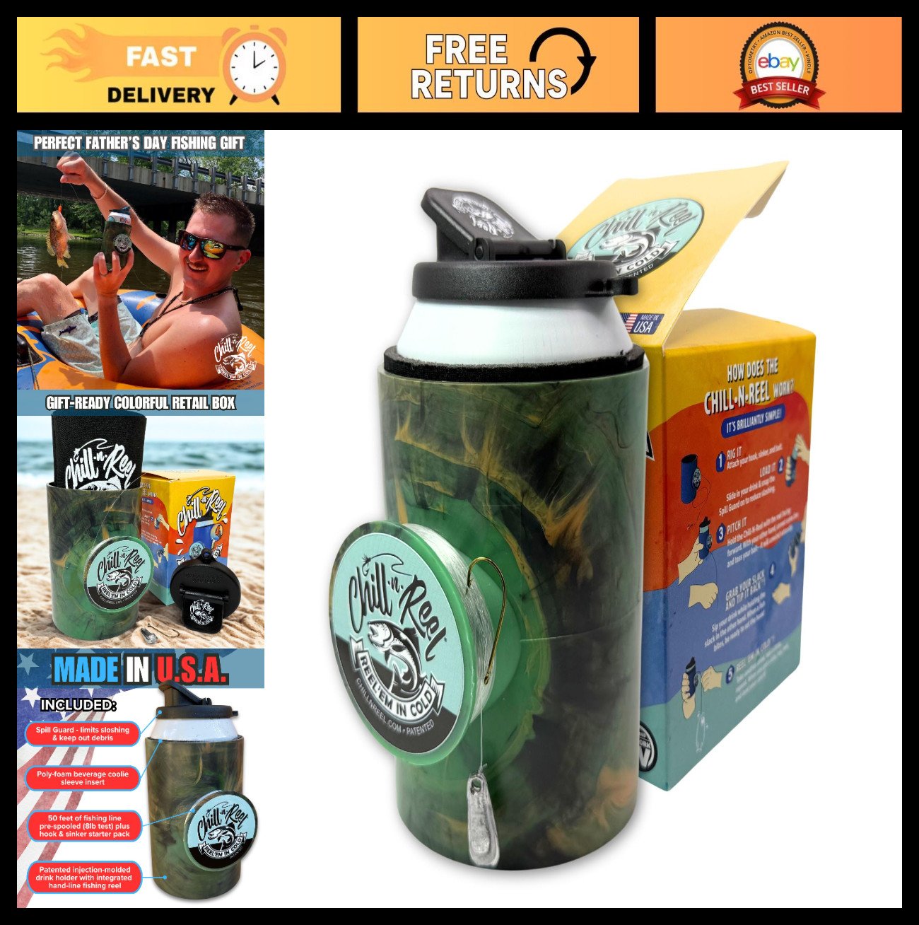 Fishing Can Cooler – Hard Shell Drink Holder with Hand Line Reel | Unique Gift f
