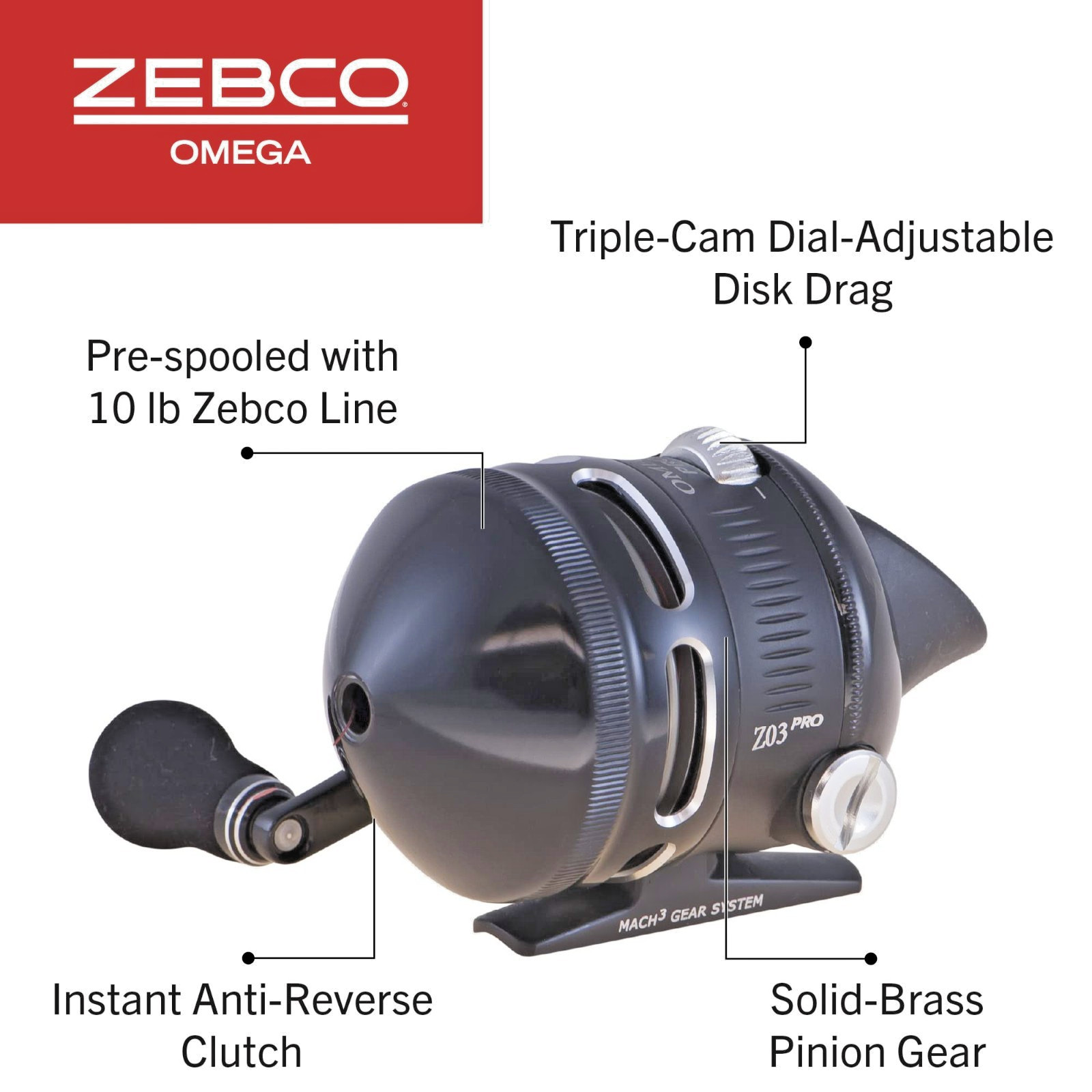 ZEBCO OMEGA PRO Z03 3.4:1 Gear Ratio w 10 lb Line 7 BB Spincast Reel 19 ipt NIB