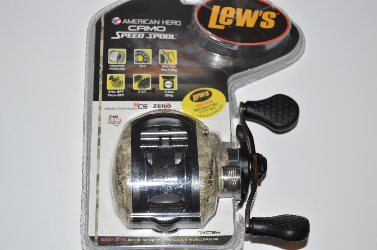 lews camo camouflage baitcast fishing reel american hero speed spool 7.1:1