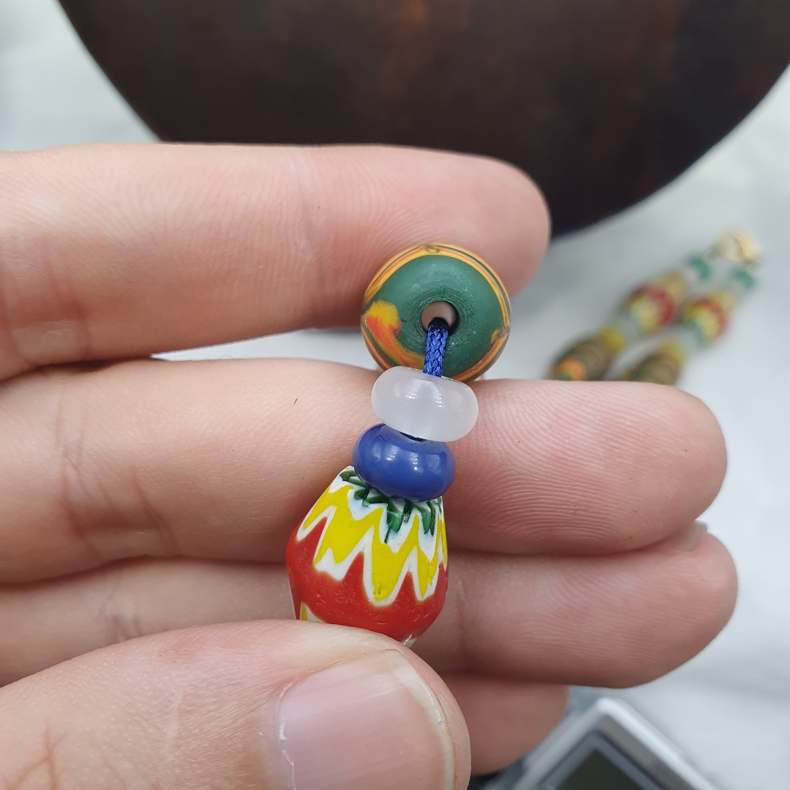 Vintage Venetian Style Yellow Red Chevron & Green Feather Glass Beads Necklace