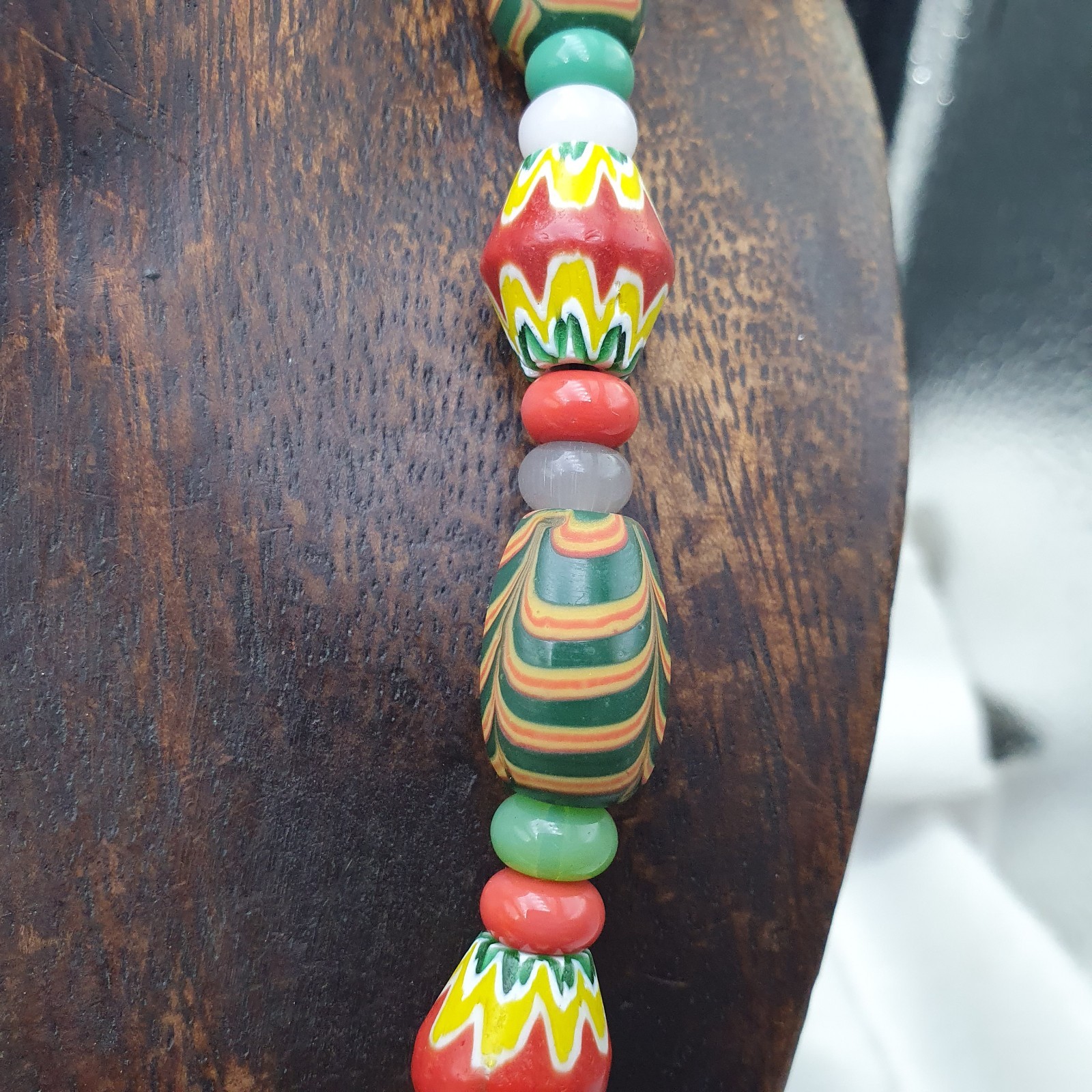 Vintage Venetian Style Yellow Red Chevron & Green Feather Glass Beads Necklace