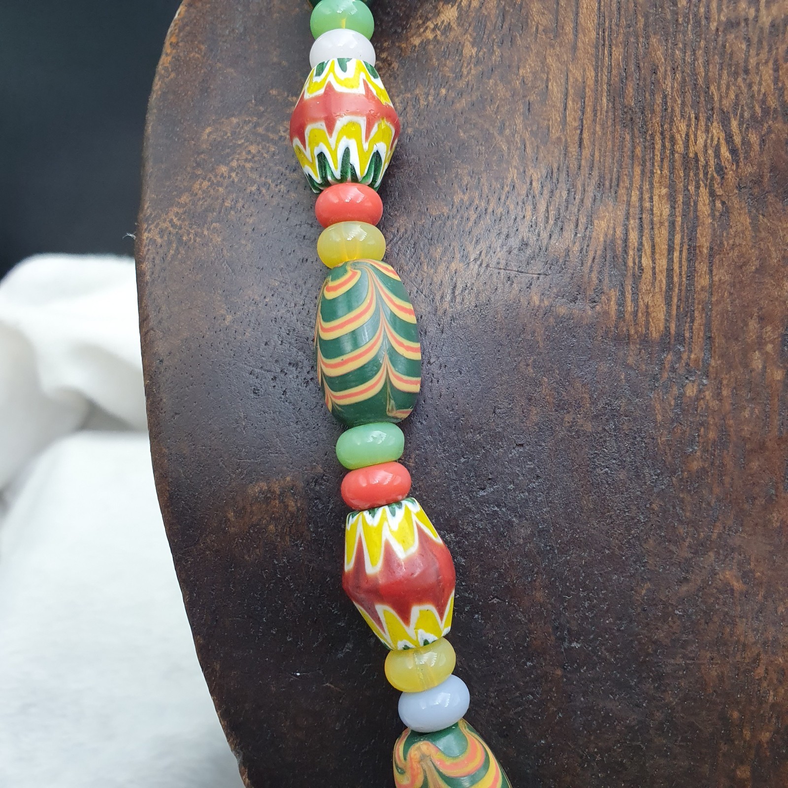 Vintage Venetian Style Yellow Red Chevron & Green Feather Glass Beads Necklace