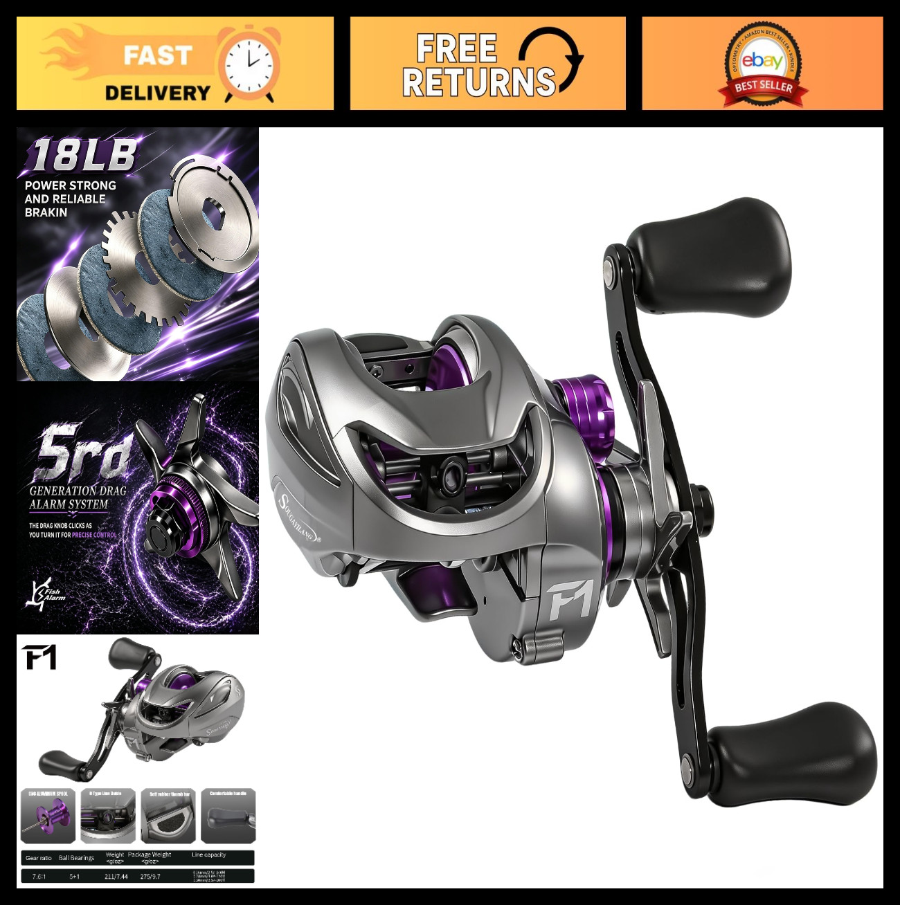 High-Performance Baitcasting Reel for Freshwater Fishing | 7.6:1 Gear Ratio, 18l