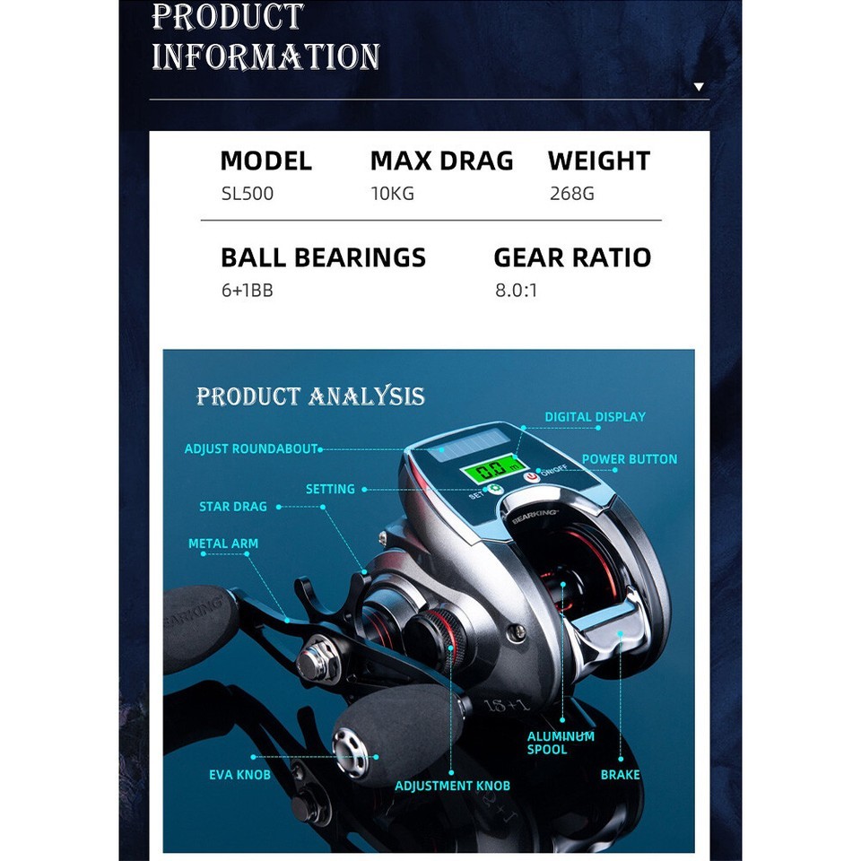 8.0:1 Baitcasting Fishing Reel 6+1BB USB/ Solar Rechargeable Digital Display