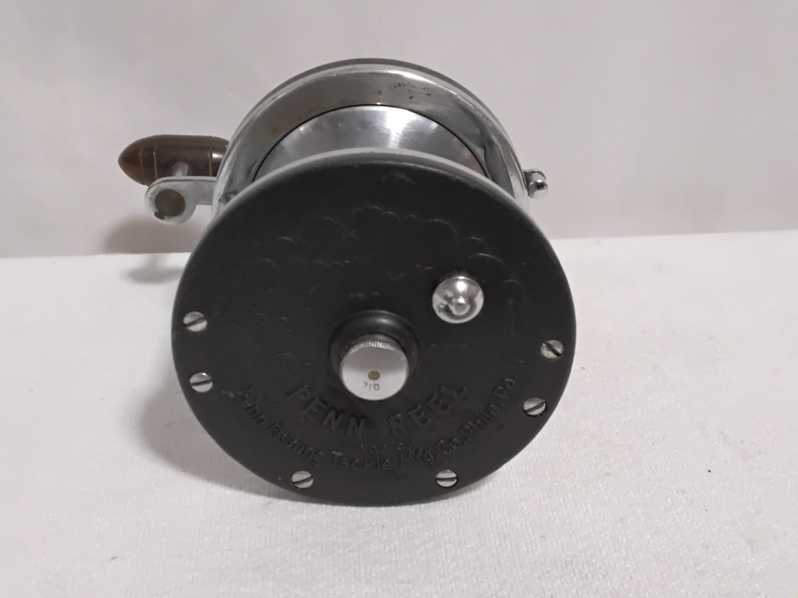Rare Penn No. 65 Long Beach Fishing Reel USA 1950’s Brown Handle Scenic Side