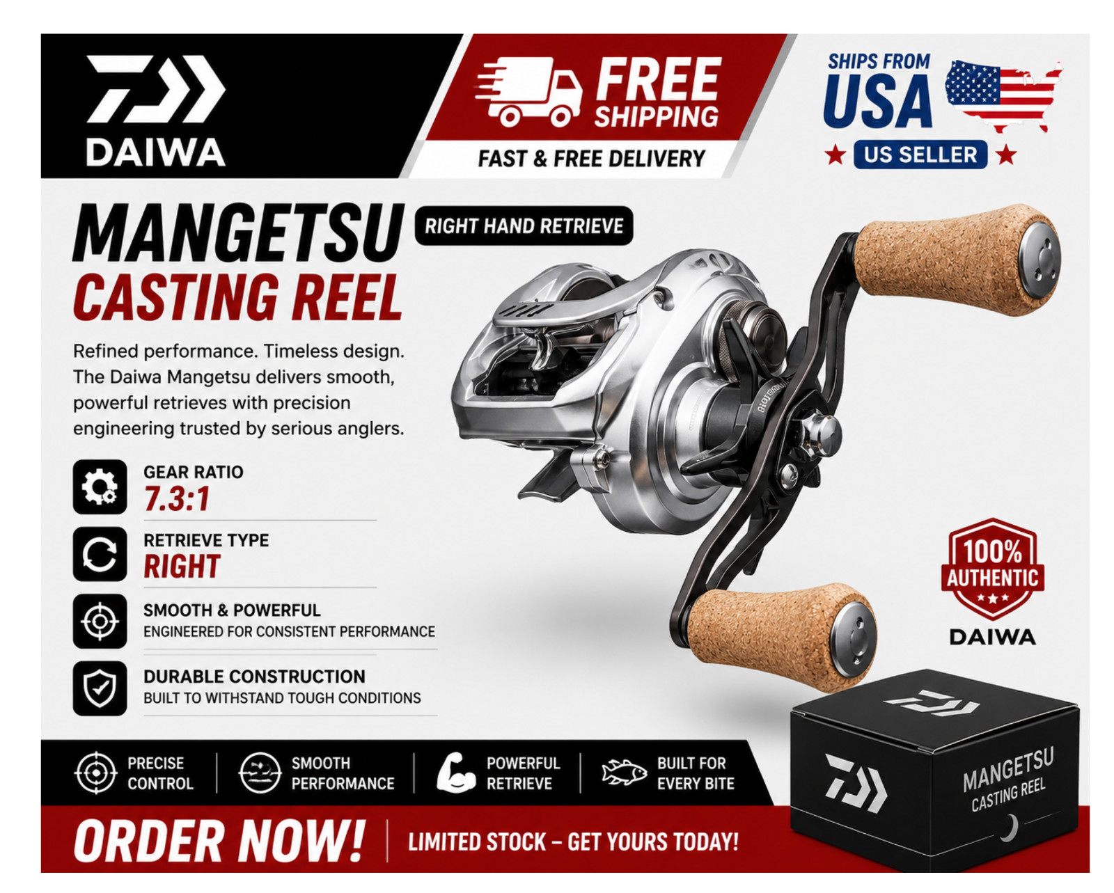 Daiwa Mangetsu Casting Reels, Type:Right – Ratios: 7.3:1