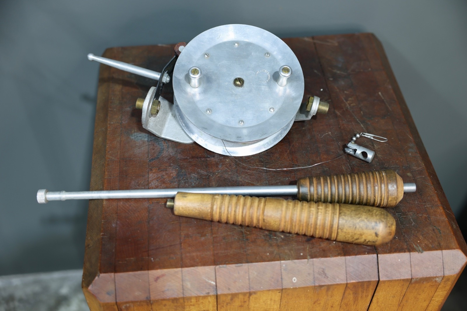 Vintage James Aitken Hand Line Fishing rod reel Wood Handle Antique w/ box