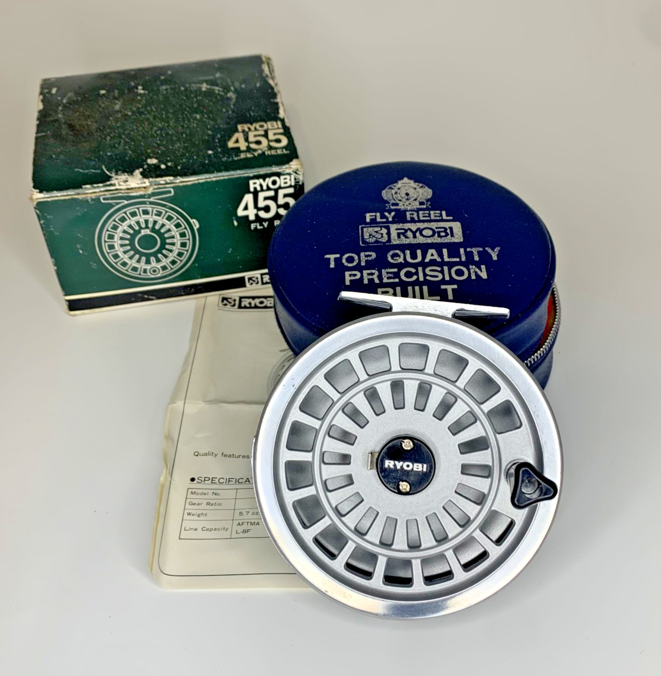 Vintage Ryobi 455 clicker fly fishing reel 4” with case original box and manual
