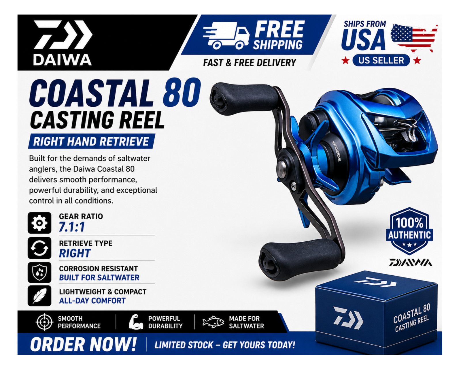 Daiwa Coastal 80 Casting Reel, Type:Right – Ratios: 7.1:1