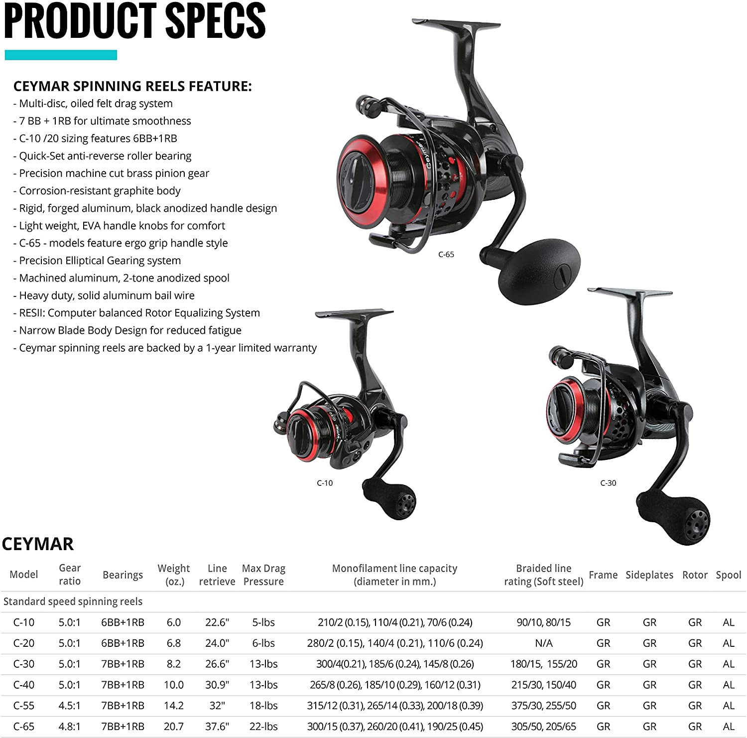 Okuma Ceymar Graphite Lightweight All Purpose 8BB Spinning Reel