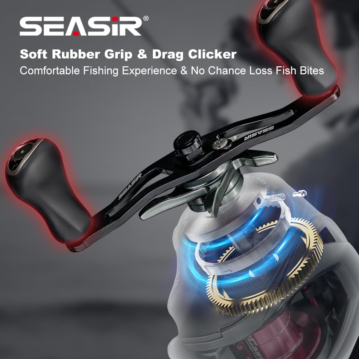 SEASIR DCast Baitcaster Reel, 7.31, 7+1 BB, 18.5lb Drag, Grey/Red (left)