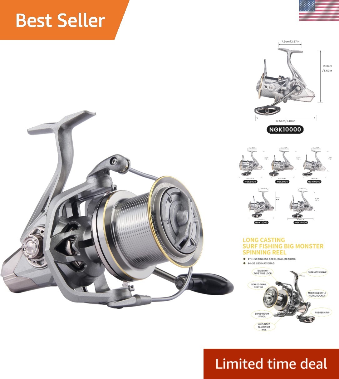 Spinning Reel 8000/9000/10000/12000/14000,6+1BB Metal Surf Fishing Reels,4.8:…