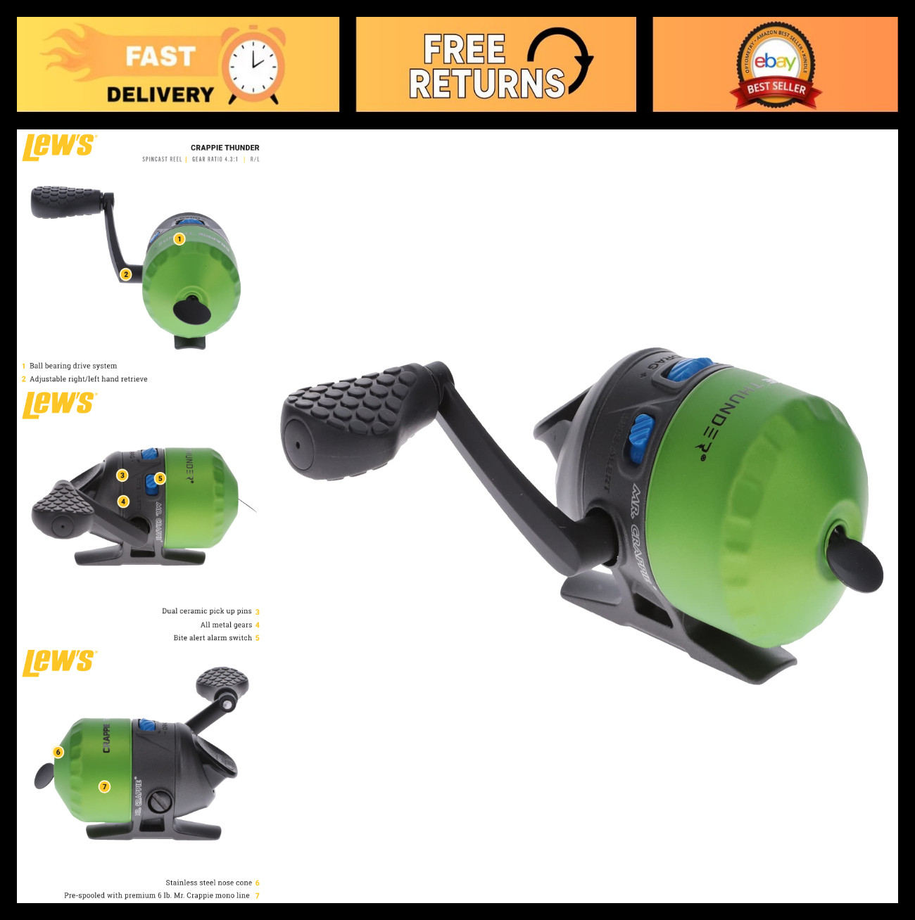 Spincast Fishing Reel for Crappie, 4.3:1 Gear Ratio, Right/Left-Hand Retrieve, G