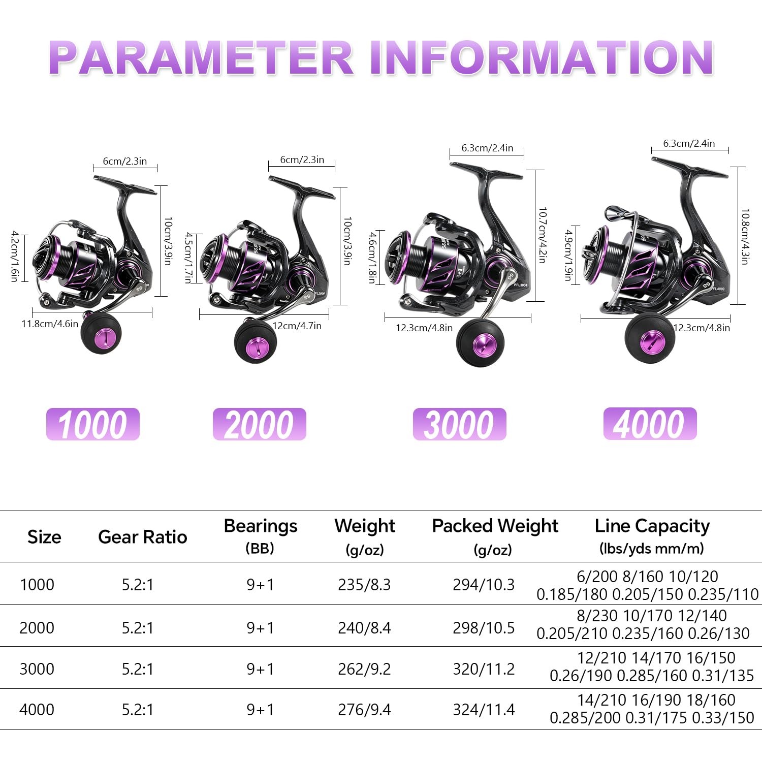 SOUGA Spinning Fishing Reel, Black Purple Metal Body 2000, And