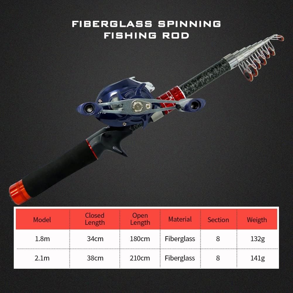 Telescopic Fishing Rod and Reel Combos, 2.1m Combo with Righthand, black