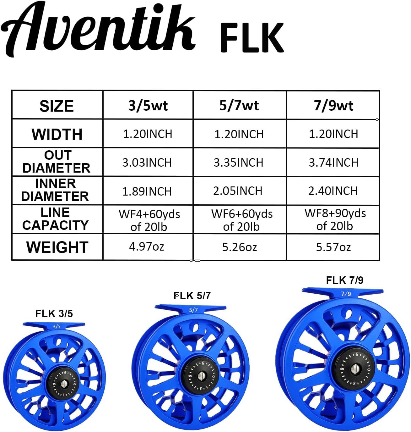 Aventik FLK Fly Fishing Reel Aluminum Trout 3/5, 5/7, 7/9wt Large Blue 5/7